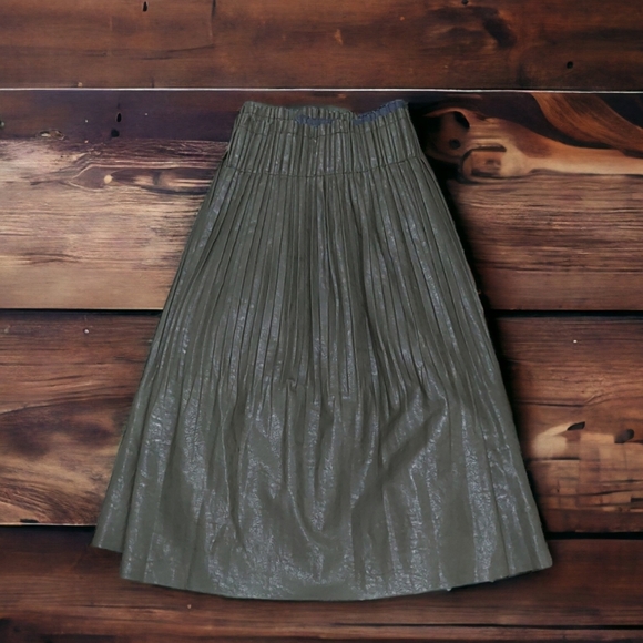 Anthropologie Vegan Leather Pleated Skirt Moss Green Lined Raw Hem Elastic Waist - Picture 5 of 12